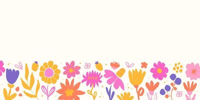 Horizontal botanical banner with bright abstract flowers and berries vector