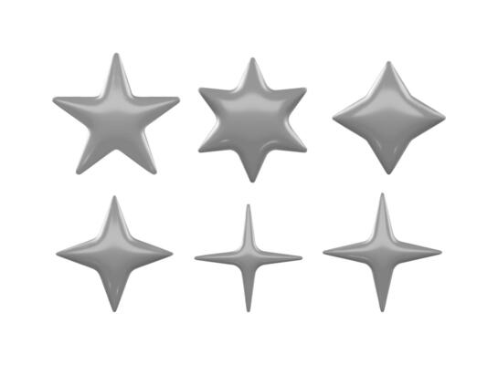 3d Grey Desaturated Glossy Stars Set Different Shapes Shiny Plastic Icons Realistic Isolated. For Web design, UI design and Social Media Banners