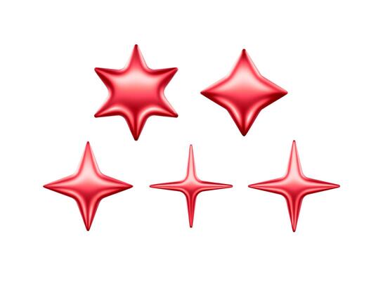 3d Star Shapes Collection Red Shiny Glossy Metallic Icons Realistic Illustrations Isolated On Transparent Background. Trendy graphic elements for web, UI design or Social Media