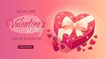 Festive background for Valentines Day with cartoon heart box on pink background vector