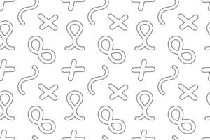 Seamless pattern of abstract shapes including infinity symbols, crosses, ribbons, and curves, ideal for kids coloring. vector