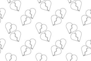 Seamless black and white pattern featuring broken heart outlines in pairs, ideal for childrens coloring activities. vector