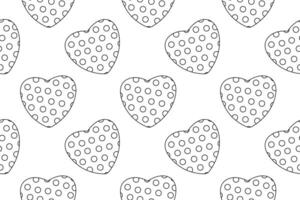 Black and white seamless pattern of polka dot heart outlines, perfect for coloring pages and craft projects. vector