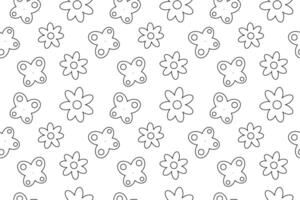 Black and white seamless pattern of butterfly and flower outlines, ideal for childrens coloring pages. vector