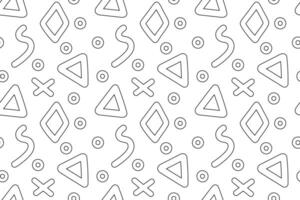 Seamless black and white geometric pattern with circles, triangles, diamonds, and abstract shapes for coloring. vector