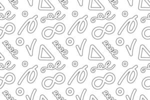 Seamless pattern of abstract symbols including infinity signs, triangles, and swirls, perfect for childrens coloring fun. vector