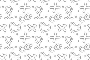 Black and white seamless pattern with hearts, crosses, and dots, designed for kids coloring activities. vector