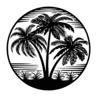 A black and white image of a palm tree in a circle vector