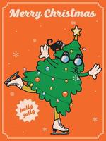Christmas Tree on Ice Skates With a Garland and Christmas Balls in Glasses in The Form of a Cat That Sits on It vector