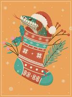 Snake in a Santa Claus Hat in a Christmas sock, Christmas and New Year Poster, Snake Year vector
