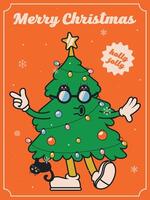 Christmas Tree With a Garland and Christmas Balls in Glasses in The Form of a Cat That Hangs on It, Groovy style vector