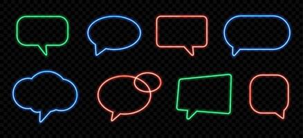 Neon light speech bubbles. Shiny message sign with glowing neon frame border. Color frames for quotation text. Speech bubble banner, price tag, luminous discount. set vector