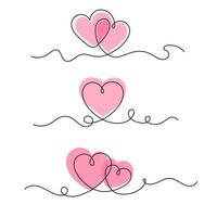 Two hearts continuous one line. Red hearts in one line sketch style, big love and Valentines day concept for lovers. Minimalist heart linear design for wedding card. Isolated set vector
