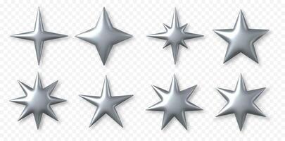 3d silver stars. y2k chrome star shiny shapes. Festive Cristmas and Ramadan, futuristic and celestial, sci-fi glossy, metal glitter elements. isolated set vector