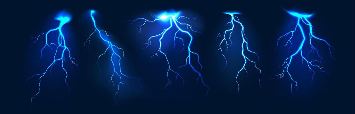 Realistic lightning. Thunder storm blue flash lightnings. Electric strike, thunderbolt bright light effect, power energy charge. isolated set
