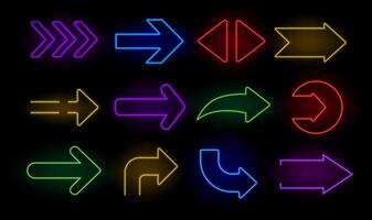 Neon directional arrows. Bright arrow pointer electric illuminated symbols, advertising neon signboards indicating direction. arrow icons isolated set vector