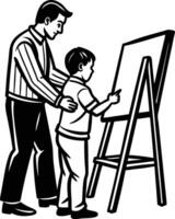 A black and white drawing of a man and boy standing next to an easel vector