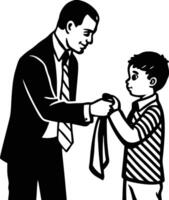 A black and white illustration of a man helping a boy tie his tie vector