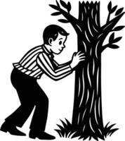 A black and white illustration of a man reaching for a tree vector