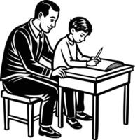 A black and white drawing of a man and boy sitting at a desk vector