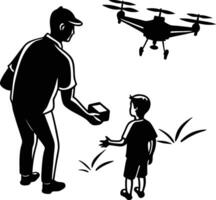 A man giving a box to a boy with a drone vector