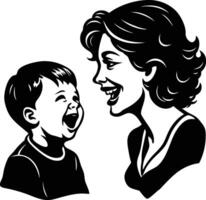 A black and white drawing of a mother and son vector