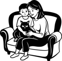 A black and white image of a woman and her son sitting on a couch with a cat vector
