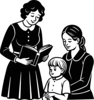 A black and white illustration of a mother and child reading to each other vector