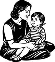 A black and white drawing of a mother and child vector