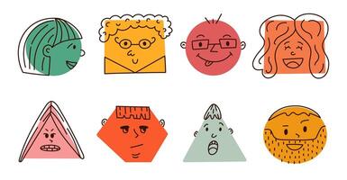 Cute colorful comic faces icon set with pleased and negative emotions in geometric shapes. Hand drawn crayon caricature emoticons with various feelings. Outline humor characters isolated on white. vector
