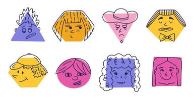 Cute colorful comic faces icon set with happy and sad emotions in geometric shapes. Hand drawn crayon caricature emoticons with various feelings. Scribble humor characters isolated on background. vector