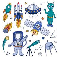 Cute colorful doodle space and astronomy set with astronaut, asteroid, spaceship, satellite, alien. Childish outline symbols of Solar System and universe. Hand drawn clipart collection isolated. vector