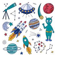Cute colorful doodle space and astronomy set with UFO flying saucer, alien, spaceship, rocket, telescope, Mars and Jupiter. Childish cosmic symbols. Hand drawn outline collection isolated on white. vector