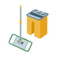 Cute cartoon professional bucket and mop with self squeezing for cleansing floor from dust and dirt. Hand drawn pail and brush mop with fabric for wet washing. Colorful clipart set isolated on white. vector