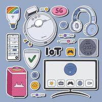 Colorful doodle set of stickers with smart machine with remote control via phone. for planners, notebooks. Ready for print list of cute stickers. Intelligence devices for entertainment, secure home vector