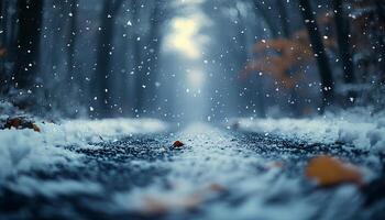 Closeup of a snowy road in a forest during winter time. A tranquil scene with a snow-covered path surrounded by tall, frosted trees, creating a serene and picturesque winter landscape photo