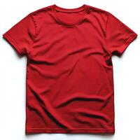 red t shirt isolated on white background. blank red shirt top view for fashion mockups and clothing designs. simple red crewneck t shirt on white background flat lay photo