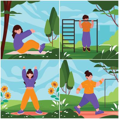 Hand drawn cartoon outdoor training composition collection