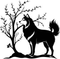 A black and white drawing of a husky standing in front of a tree vector