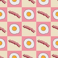Fried egg and bacon seamless pattern with checkered background in a flat color cartoon style breakfast concept vector