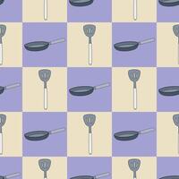 Frying pan and slotted spatula seamless pattern with checkered background in a flat color cartoon style breakfast concept vector