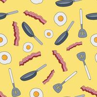 Frying pan, spatula, fried egg, bacon seamless pattern with yellow background in a flat color cartoon style breakfast concept vector