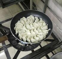 Gyoza in pan cooking on gas stove photo