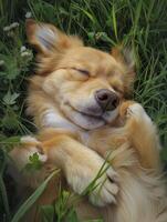 ginger dog lying on its back in the grass photo