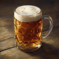 mug of beer with foam on a wooden background, digital painting photo