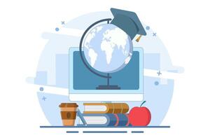 Online education concept, Home education. College homework. Study at home with computer. PC computer with world map, graduation cap, lamp, apple on isolated background, Digital marketing illustration. vector