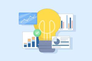 Analyzing Data Concept, Creating New Ideas. Working on New Startup, Business Mission, Creative Ideas and Analysis. Researching new creative ideas. Flat Cartoon Illustration on Background. vector