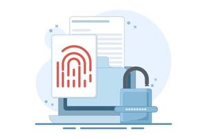 Concept of secure or private data secret file, Security protection through touch fingerprint or fingerprint on document on device, fingerprint access privacy identification. illustration. vector