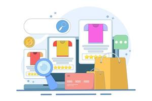 E-commerce SEO concept, products added to search engine results page, Online shopping, internet e-commerce web store, search products online, business e-commerce SEO concept. illustration. vector