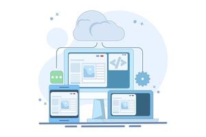 Cloud based web hosting concept, Website hosted on cloud server, Backup file upload technology on cloud server storage. Cloud hosting for websites and applications, Flat illustration. vector